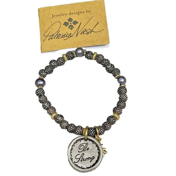 Patricia Nash Antique Gold Satin Bead Be Strong Statement Charm Stretch Bracelet - Picture 2 of 3